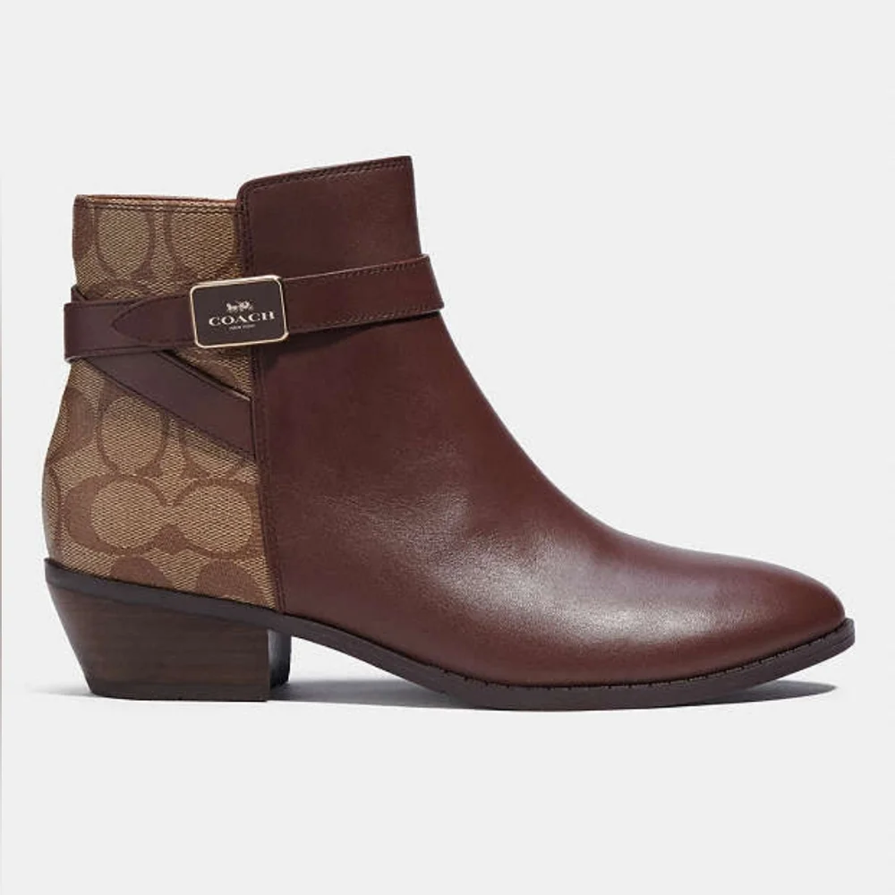 NWOT Coach Dean Booties Leather Boots Brown & Tan Gold Coach Logo Accents! New! - Picture 2 of 11